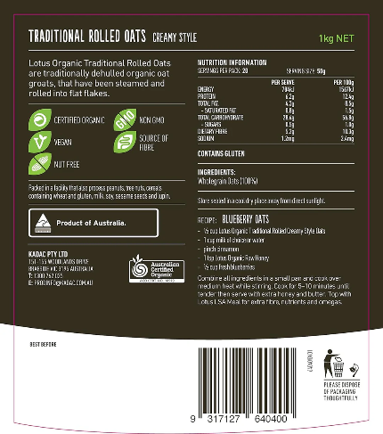 Lotus Organic Traditional Rolled Oats 1kg